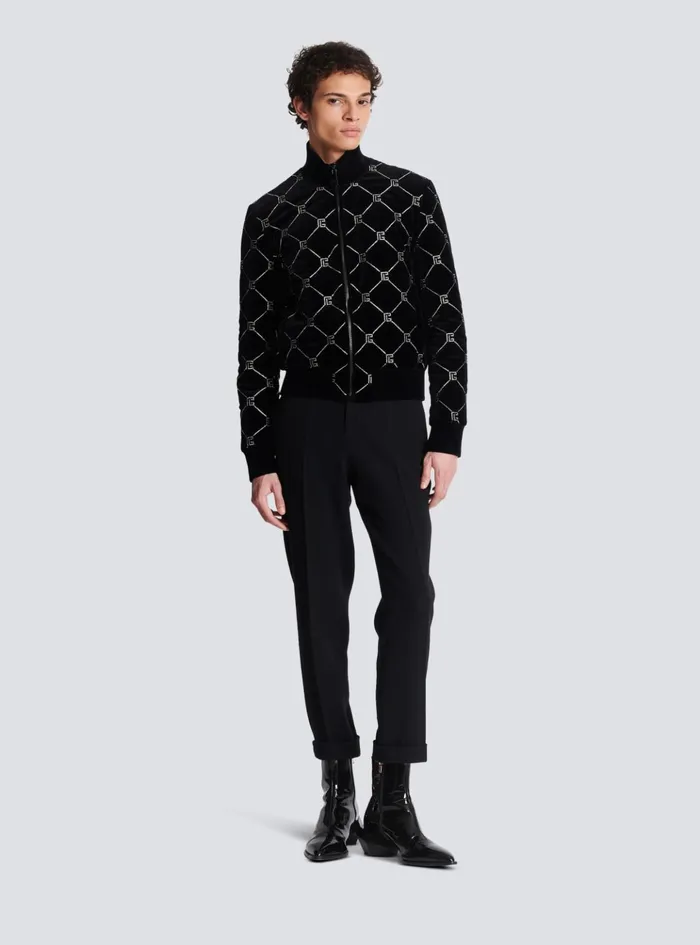 Quilted Rhinestone Bomber Jacket Silver Men Balmain Outerwear