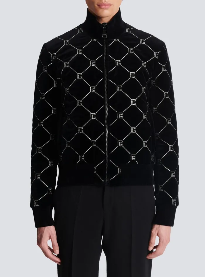 Quilted Rhinestone Bomber Jacket Silver Men Balmain Outerwear