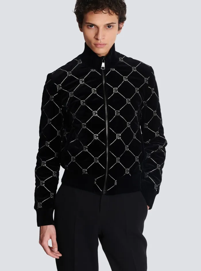 Quilted Rhinestone Bomber Jacket Silver Men Balmain Outerwear