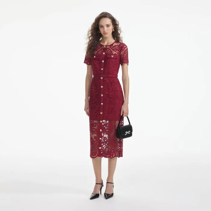 Red Guipure Lace Button Midi Dress Women Self Portrait Dresses