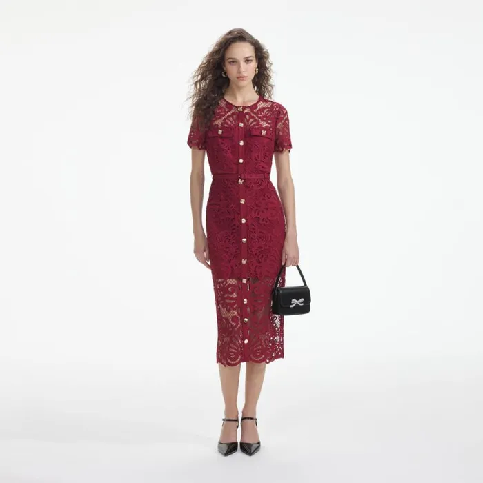 Red Guipure Lace Button Midi Dress Women Self Portrait Dresses