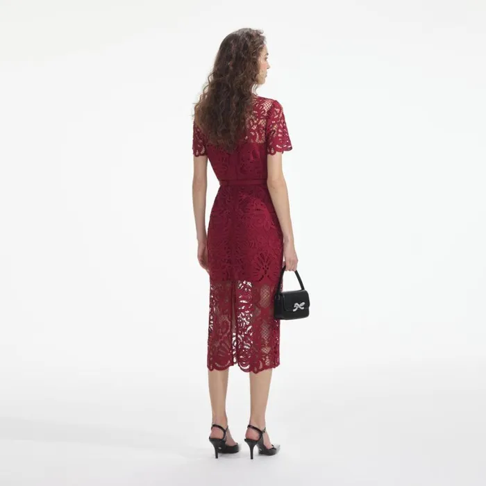 Red Guipure Lace Button Midi Dress Women Self Portrait Dresses