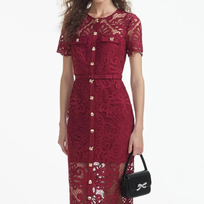 Red Guipure Lace Button Midi Dress Women Self Portrait Dresses