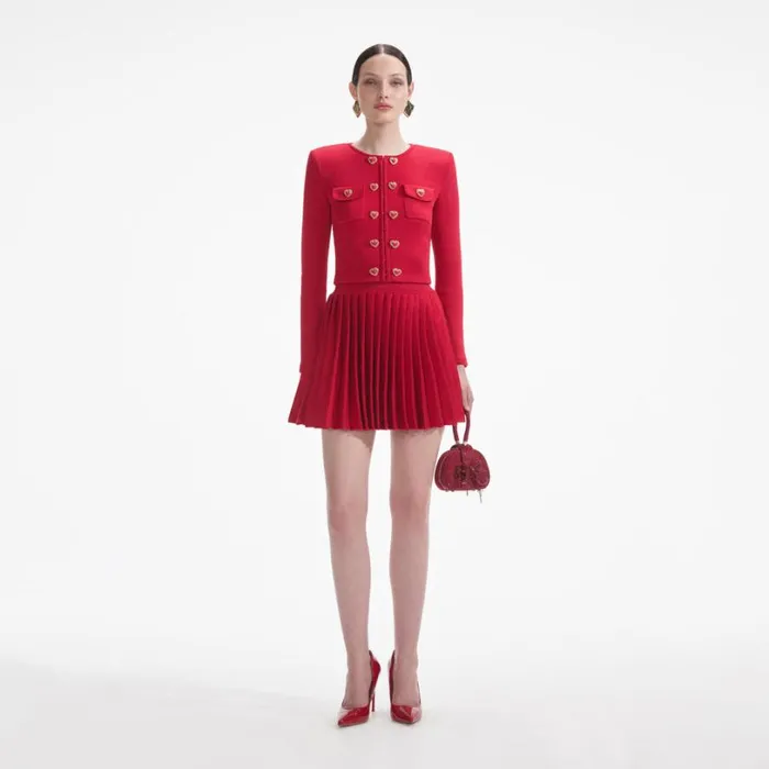 Red Pleated Knit Mini Skirt Women Self Portrait Knitwear