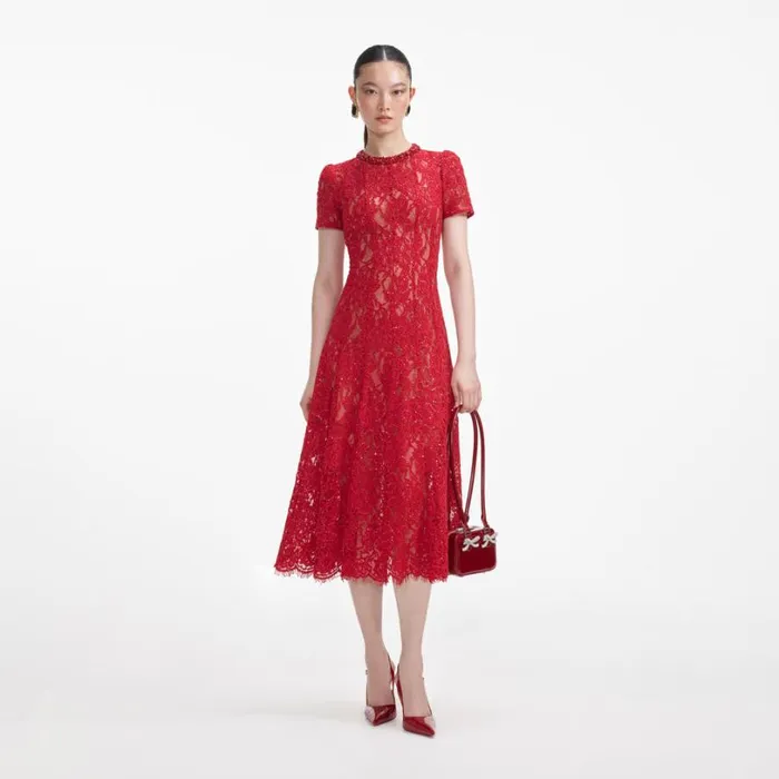Red Sequin Lace Midi Dress Women Self Portrait Dresses