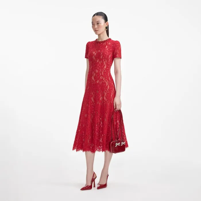 Red Sequin Lace Midi Dress Women Self Portrait Dresses Red Sequin Lace Midi Dress Women Self Portrait Dresses