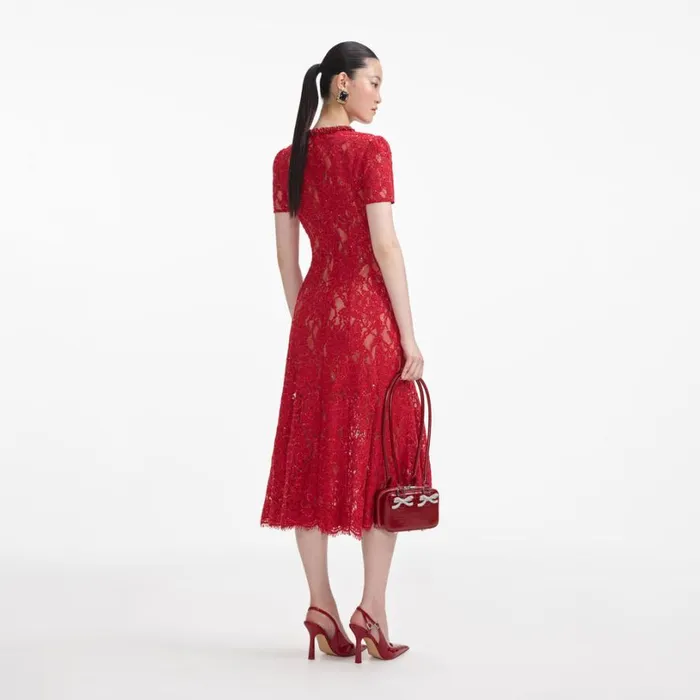 Red Sequin Lace Midi Dress Women Self Portrait Dresses Red Sequin Lace Midi Dress Women Self Portrait Dresses