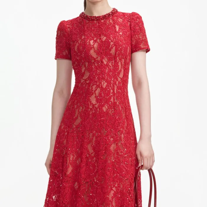 Red Sequin Lace Midi Dress Women Self Portrait Dresses Red Sequin Lace Midi Dress Women Self Portrait Dresses