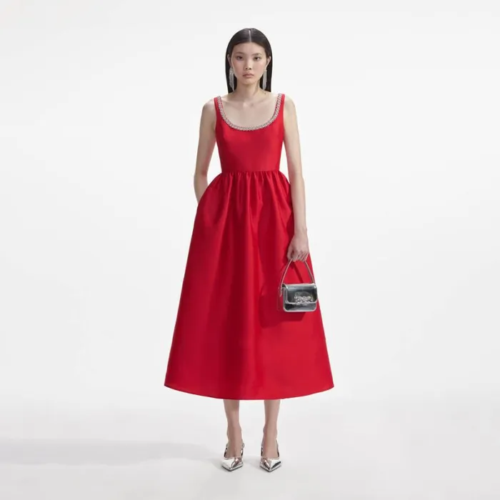 Red Taffeta Diamante Midi Dress Women Self Portrait Dresses