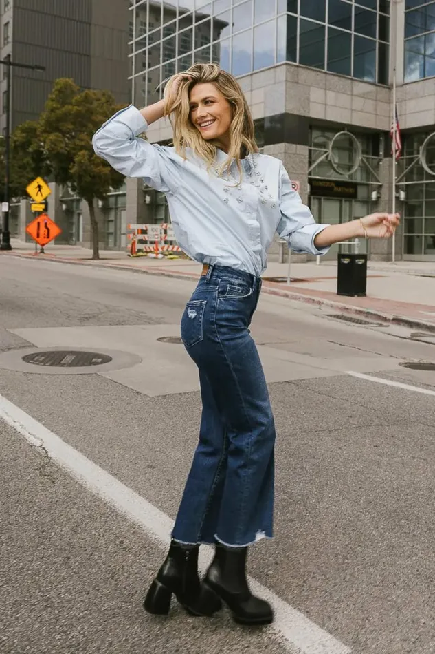 Rhinestone Embellished Button Up Blue Women Bohme Tops