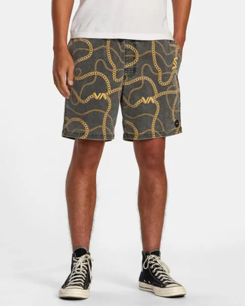 Rvca Escape Print Elastic Waist Walkshorts 17 Blackgold Men Boardshorts