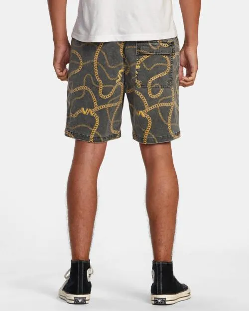 Rvca Escape Print Elastic Waist Walkshorts 17 Blackgold Men Boardshorts