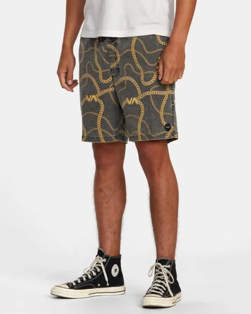 Rvca Escape Print Elastic Waist Walkshorts 17 Blackgold Men Boardshorts
