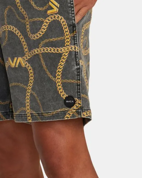 Rvca Escape Print Elastic Waist Walkshorts 17 Blackgold Men Boardshorts