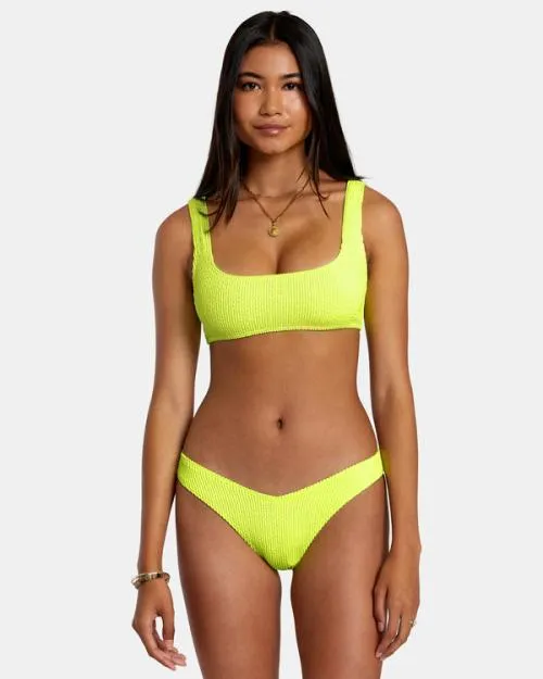 Rvca Grooves Texture High Leg Bikini Bottoms Neon Yellow Women Bikini Bottoms