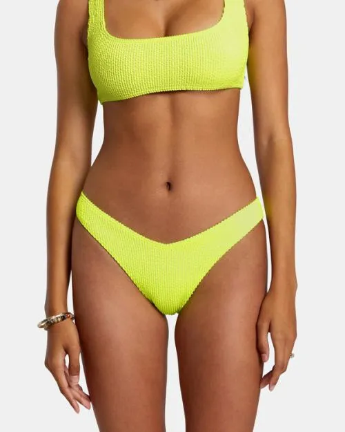 Rvca Grooves Texture High Leg Bikini Bottoms Neon Yellow Women Bikini Bottoms