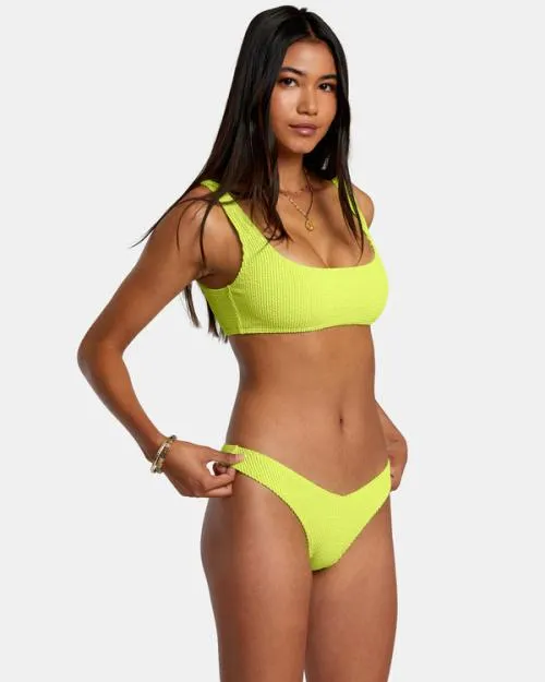 Rvca Grooves Texture High Leg Bikini Bottoms Neon Yellow Women Bikini Bottoms
