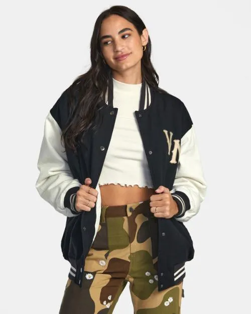 Rvca Packin Letterman Jacket Pirate Black Women Jackets