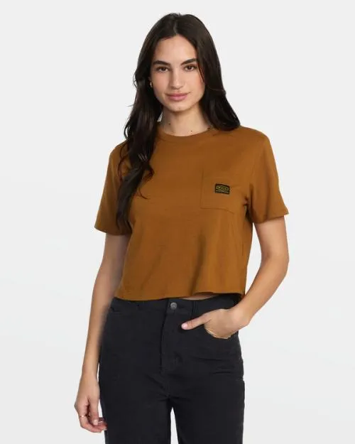 Rvca Recession Pocket TShirt Workwear Brown Women Tees and Tanks