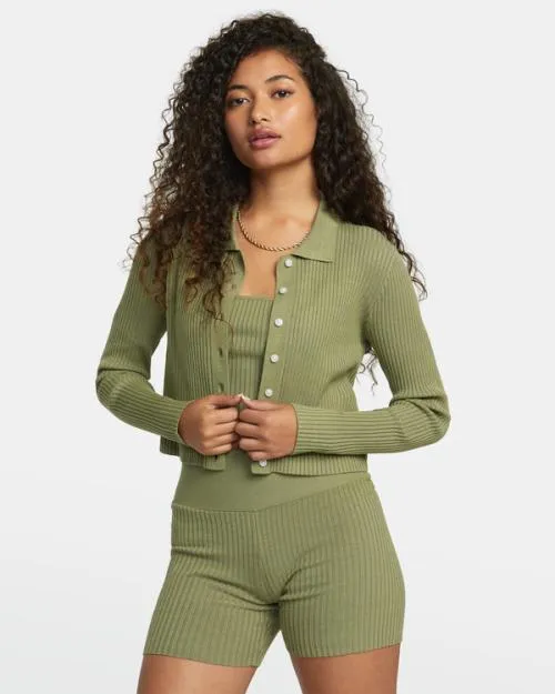Rvca Rose Namajunas Fever Rib Knit Fitted Cardigan Aloe Women Tops