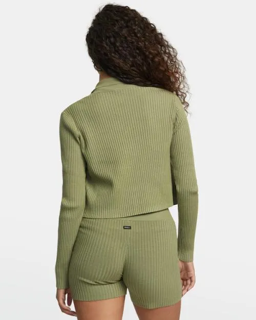 Rvca Rose Namajunas Fever Rib Knit Fitted Cardigan Aloe Women Tops