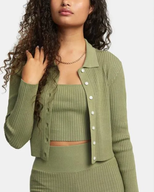 Rvca Rose Namajunas Fever Rib Knit Fitted Cardigan Aloe Women Tops