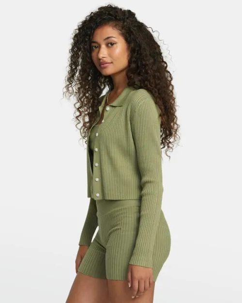 Rvca Rose Namajunas Fever Rib Knit Fitted Cardigan Aloe Women Tops