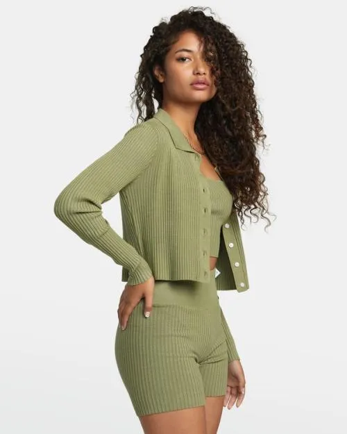 Rvca Rose Namajunas Fever Rib Knit Fitted Cardigan Aloe Women Tops