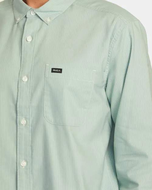 Rvca Thatll Do Micro Stripe Long Sleeve Shirt Green Haze Men Shirts and Flannels