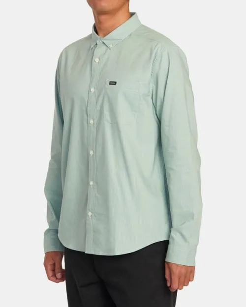 Rvca Thatll Do Micro Stripe Long Sleeve Shirt Green Haze Men Shirts and Flannels