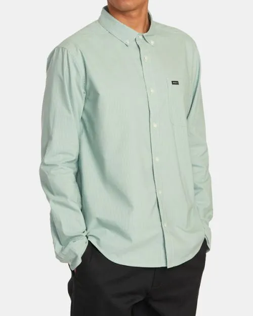 Rvca Thatll Do Micro Stripe Long Sleeve Shirt Green Haze Men Shirts and Flannels