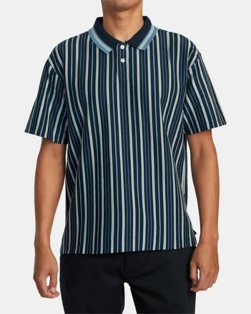 Rvca Uptown Stripe Short Sleeve Polo Shirt Moody Blue Men Short Sleeves