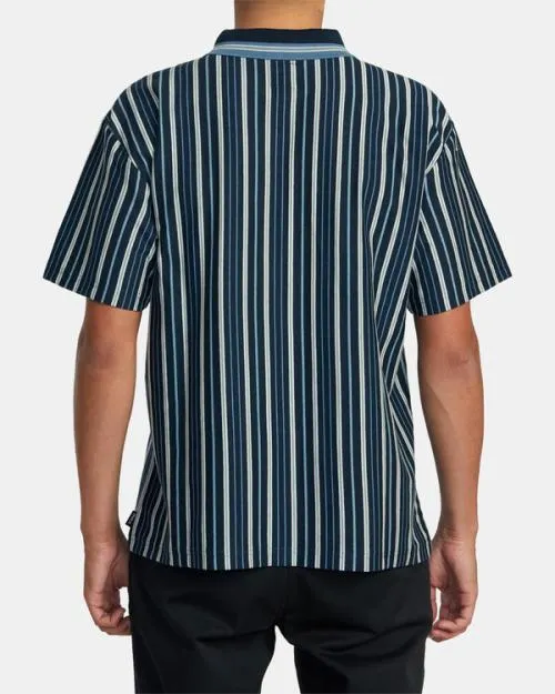 Rvca Uptown Stripe Short Sleeve Polo Shirt Moody Blue Men Short Sleeves