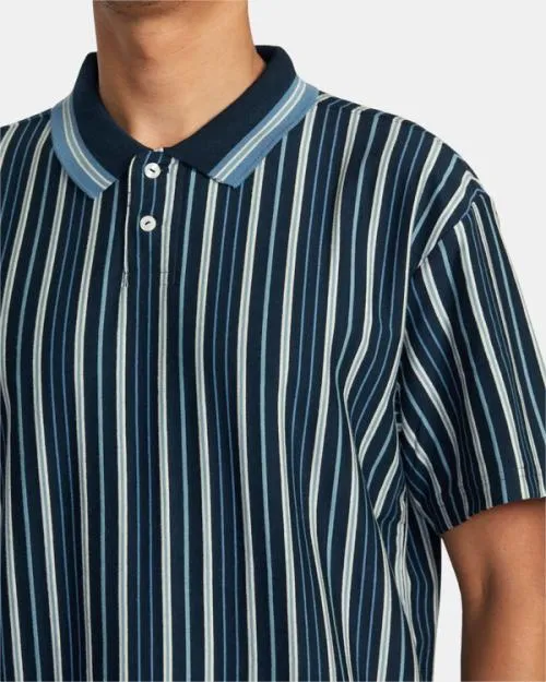 Rvca Uptown Stripe Short Sleeve Polo Shirt Moody Blue Men Short Sleeves