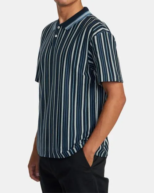 Rvca Uptown Stripe Short Sleeve Polo Shirt Moody Blue Men Short Sleeves