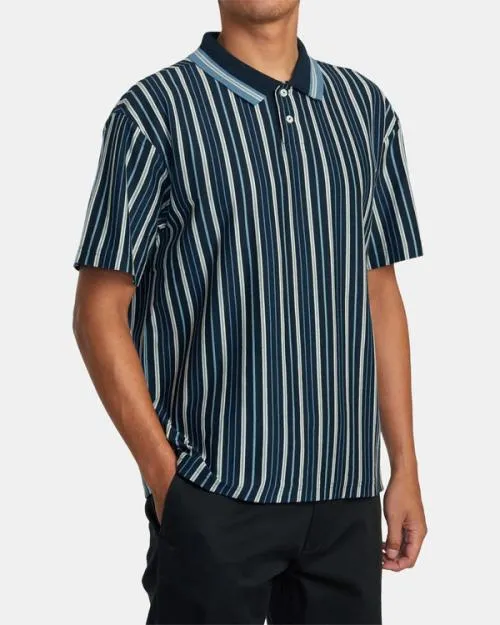 Rvca Uptown Stripe Short Sleeve Polo Shirt Moody Blue Men Short Sleeves
