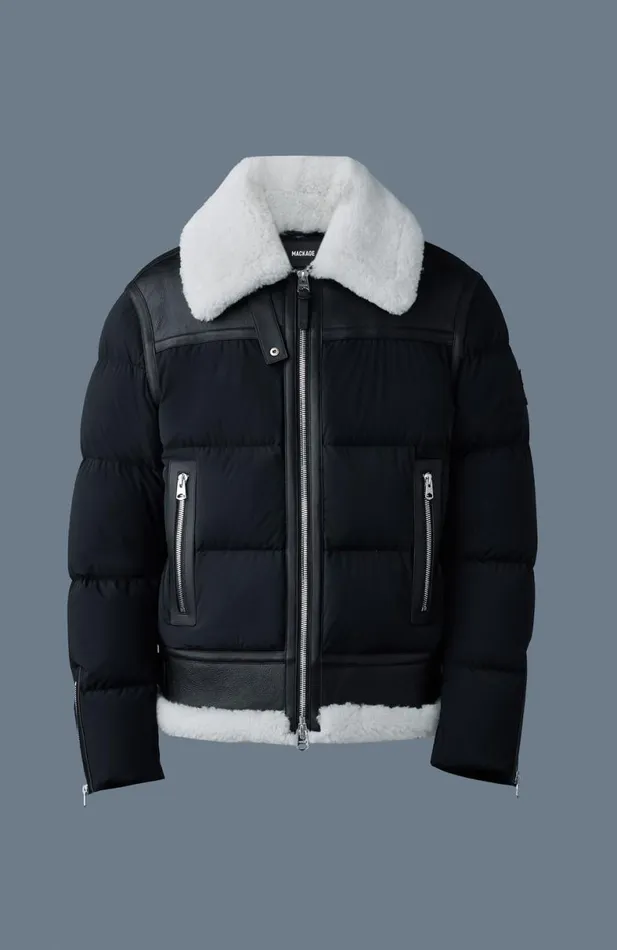 Shearling Jackets Men Mackage ROBERT Mixedmedia Shearling Down Jacket Sky Blue Shearling Jackets Men Mackage ROBERT Mixedmedia Shearling Down Jacket Sky Blue