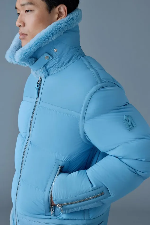 Shearling Jackets Men Mackage ROBERT Mixedmedia Shearling Down Jacket Sky Blue Shearling Jackets Men Mackage ROBERT Mixedmedia Shearling Down Jacket Sky Blue