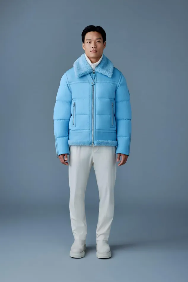 Shearling Jackets Men Mackage ROBERT Mixedmedia Shearling Down Jacket Sky Blue Shearling Jackets Men Mackage ROBERT Mixedmedia Shearling Down Jacket Sky Blue