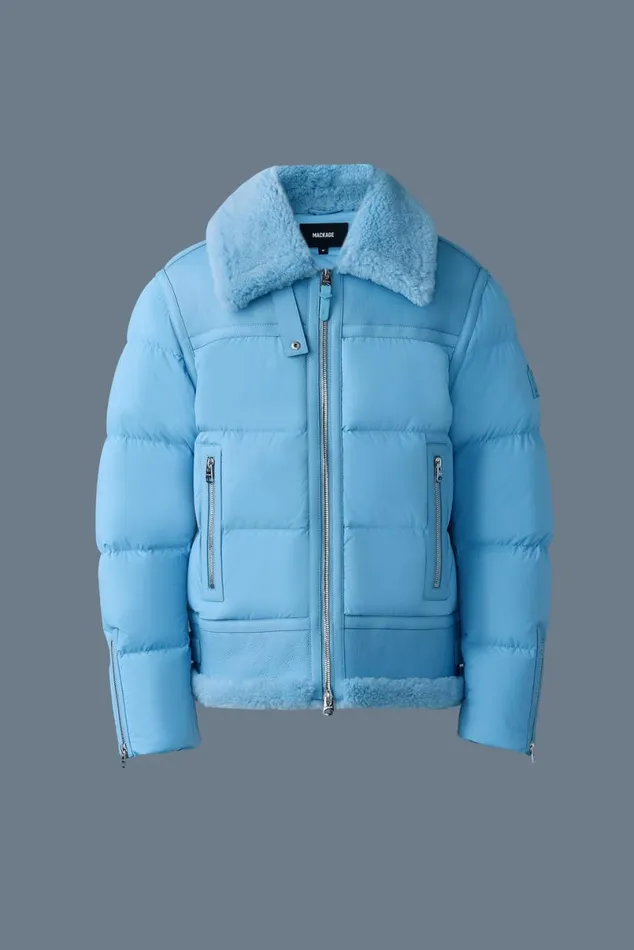 Shearling Jackets Men Mackage ROBERT Mixedmedia Shearling Down Jacket Sky Blue Shearling Jackets Men Mackage ROBERT Mixedmedia Shearling Down Jacket Sky Blue