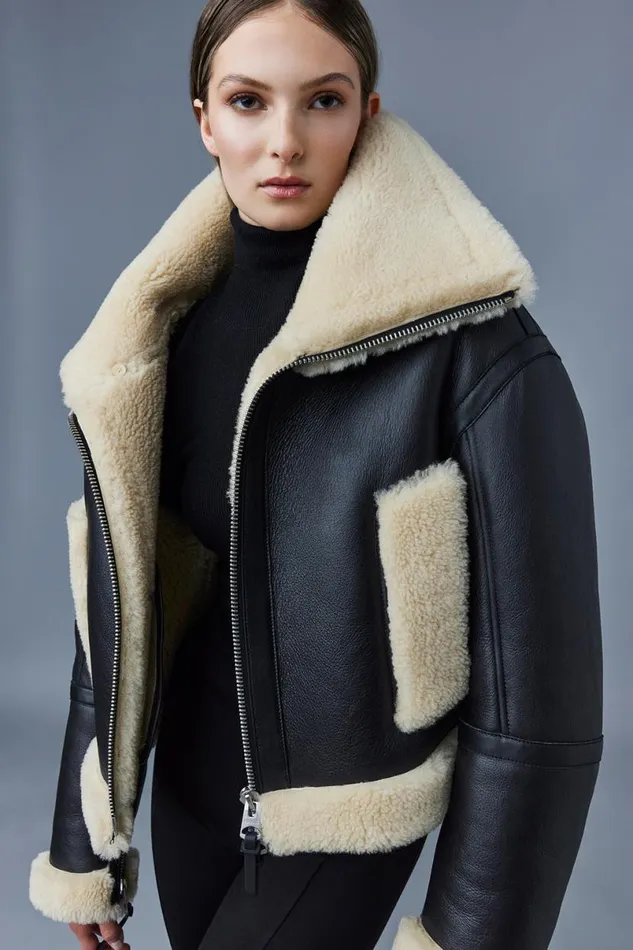 Shearling Jackets Women Mackage PENELOPA Sheepskin Jacket With Double Collar Black