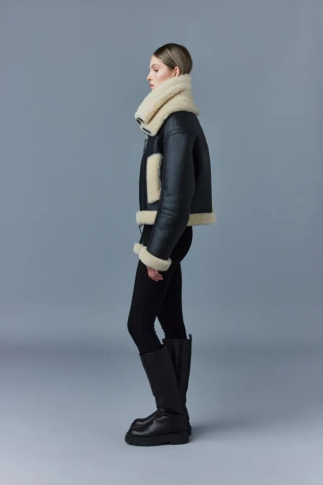 Shearling Jackets Women Mackage PENELOPA Sheepskin Jacket With Double Collar Black
