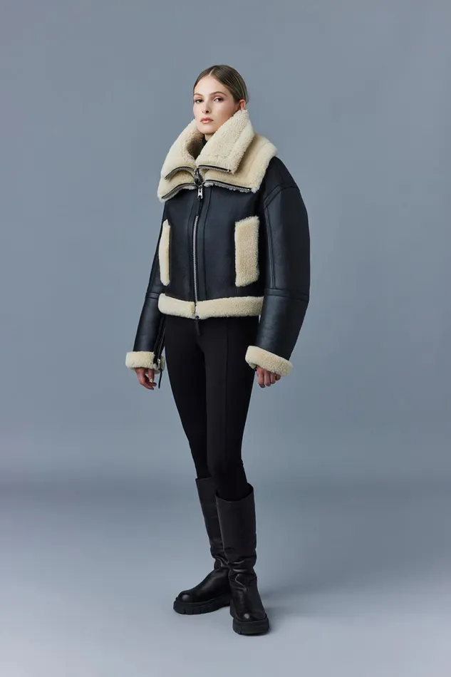Shearling Jackets Women Mackage PENELOPA Sheepskin Jacket With Double Collar Black