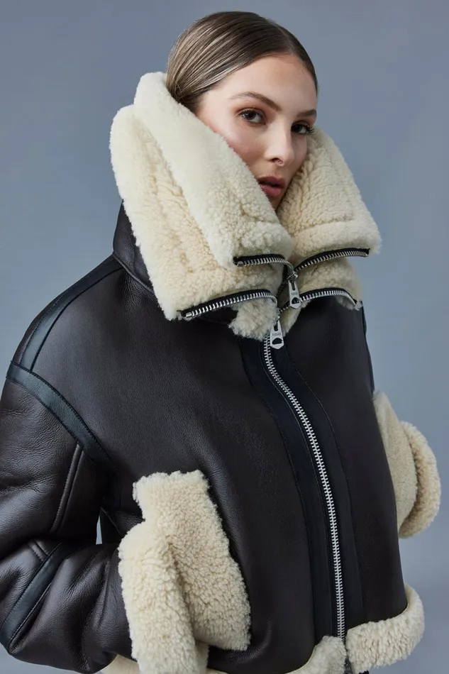 Shearling Jackets Women Mackage PENELOPA Sheepskin Jacket With Double Collar Black