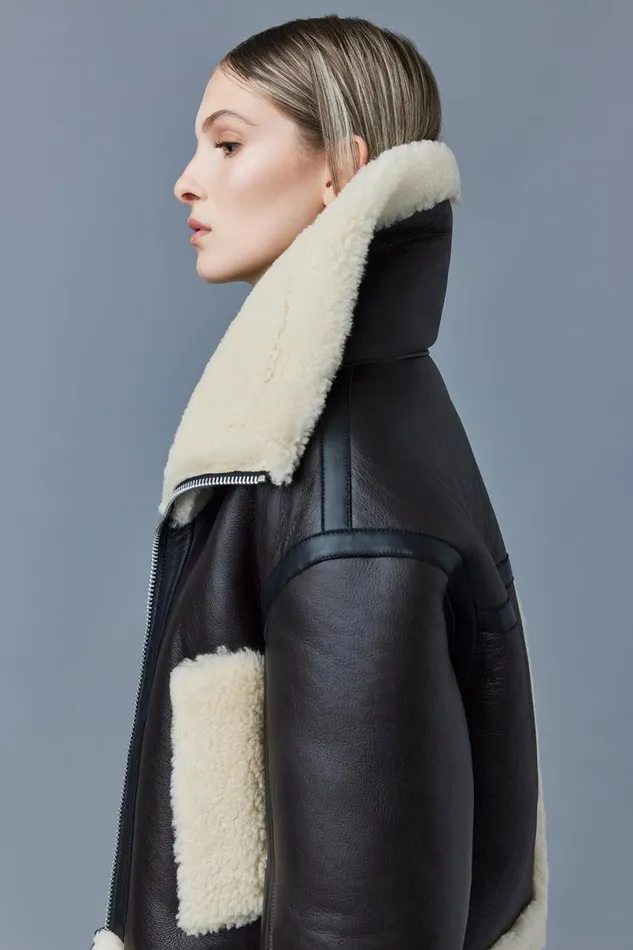 Shearling Jackets Women Mackage PENELOPA Sheepskin Jacket With Double Collar Black
