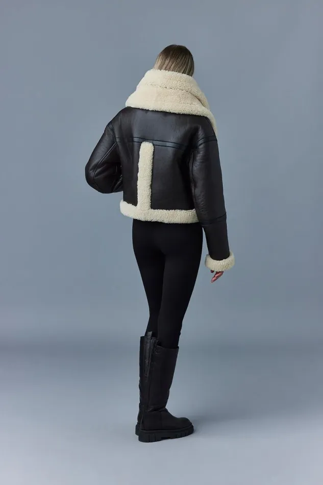 Shearling Jackets Women Mackage PENELOPA Sheepskin Jacket With Double Collar Black