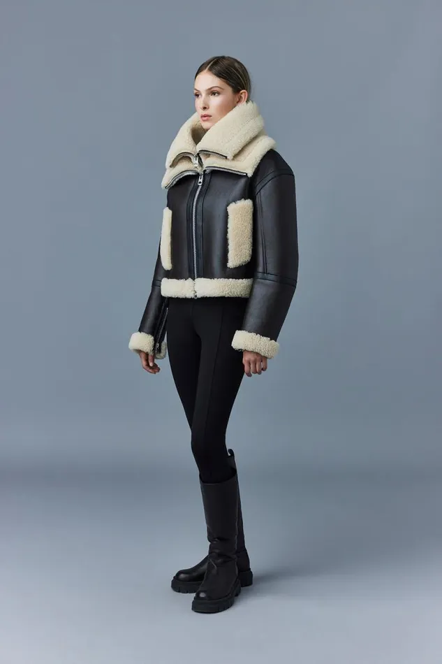 Shearling Jackets Women Mackage PENELOPA Sheepskin Jacket With Double Collar Black
