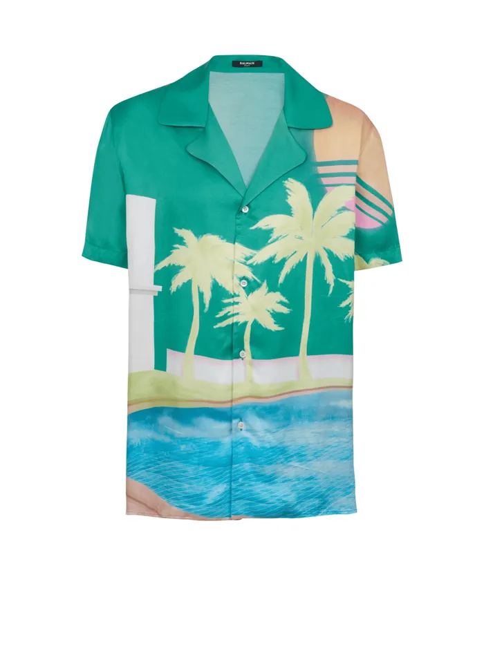 Shortsleeved Twill Shirt With Palm Tree Print Multicolor Men Balmain Shirts And Polos