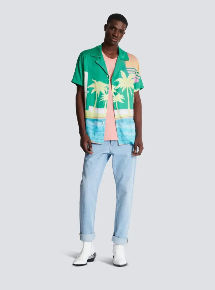 Shortsleeved Twill Shirt With Palm Tree Print Multicolor Men Balmain Shirts And Polos