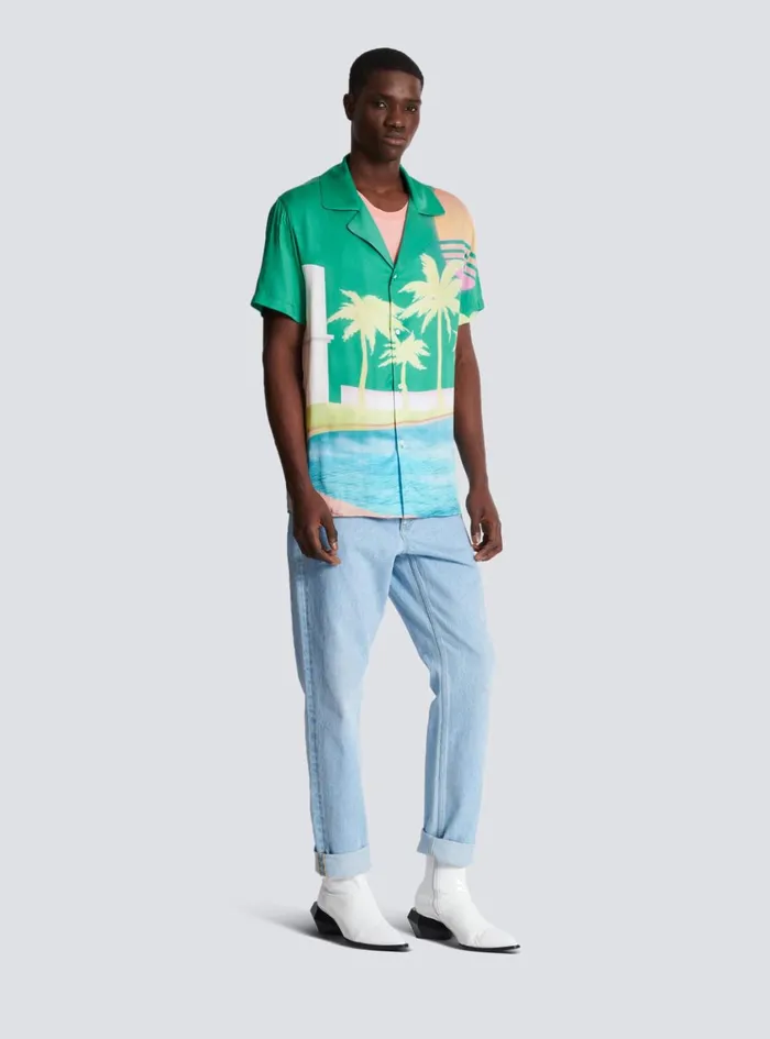 Shortsleeved Twill Shirt With Palm Tree Print Multicolor Men Balmain Shirts And Polos